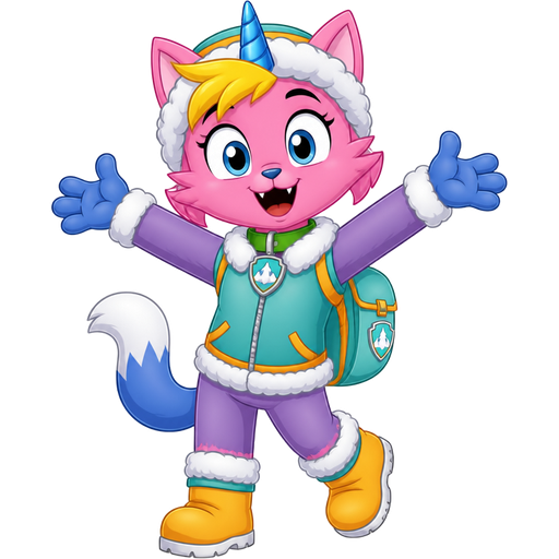 happy male pink cat anthro furry boy with yellow hair blue and white tail white wrists blue hands white socks yellow boots green collar blue unicorn horn based on unikitty wearing everest's hat and everest's clothing with everest's backpack