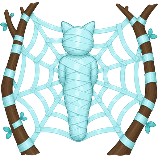 #B8FFFF duct tape mummy-like-cocoon cat anthro entombed wrapped up and mummified fully covered in a #B8FFFF duct tape cocoon shaped like cat anthro with arms behind back with #B8FFFF duct tape wrappings completely covered with thick layers non-transparent #B8FFFF duct tape wrappings #B8FFFF on a giant spider web made of #B8FFFF duct tape between two branches (pet society game room decoration)