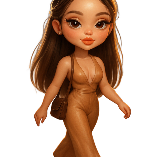 semi-realistic soft cartoon luxury glam, mini plush Bratz-doll aesthetic, cinematic glow, crisp clean detail, glossy glam skin. brown eyed Petite girl, fair skin with soft freckles, wide face with tall forehead, honey-brown almond wide-set upturned eyes, fluttery lashes, shimmer highlight, plush lips, bottom heavy lip, sweet Belle-princess vibe, long straight brunette hair with visible light blonde highlights, softly defined feminine body, soft hourglass shape with full round bust, Half pinned straight hair with gold claw clip, dewy nude glam, toasted rose lipstick; silky tan halter jumpsuit, plunging neckline, small leather crossbody, kitten heels; walking confidently through city lights. Cozy romantic glow, soft warm lighting, pop-princess energy