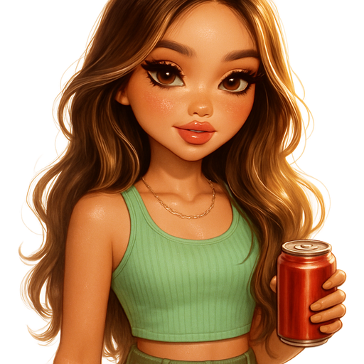 luxury glossy bratz-anime romantic aesthetic, warm cinematic glow, crisp clean detail, glossy glam skin. petite girl, warm soft-autumn tone, fair skin, honey-brown almond eyes, soft freckles, warm toasty glam makeup, glossy nude lips, flutter lashes, sweet Belle-princess vibe, long brunette honey balayage hair with visible light honey blonde highlights, Mint green ribbed crop top with cargo skirt, beach-wave hair, natural glow, thin chain, holding a soda can, pop-princess energy, shimmer highlight, sparkly glow