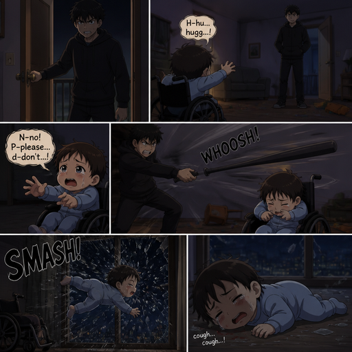 He opens the door and the baby crawls to him wanting a hug and doesn’t know how to speak well in a wheelchair. Then a bat is flung and he misses The the baby flinches and begs not to but he doesn’t listen and the baby flys and hits the window and lays there and coughs