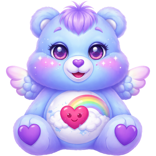 Dream Bright Sky Blue Care Bear with Ombré Lavender at the bottom of the head and lavender tufts of hair with lavender star-shaped blush also with Lavender Paws and Feet and Heart shaped Pupils in the eyes with a smiling red heart with blue wings and a Rainbow Following from behind the top of it on the stomach with a Purple Heart nose
