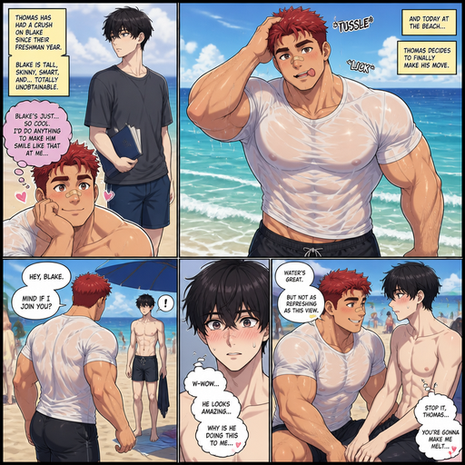 A Comic book story of a Bulky and muscular ANIME Cute Bara Man Who looks Normal and American with a round facial Structure and Basic facial structure With Big Pecs and Biceps and Bandaid on his nose. Wearing a T-Shirt with Red Hair and named Thomas with a huge crush on Blake. With Blake a Skinny and Tall Kid. At the Beach. Thomas Walks out of the water and tussling his hair and Licking his Teeth and Making Blake Blush.