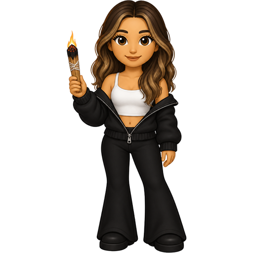 Girl with brown hair with highlights loosely curled, with black flares, a whit cropped top, black zippy sitting off the shoulder, burning stock with eyes open