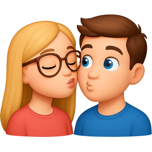 Cute girl with blondish long hair green/blue eyes with big brown glasses kissing boy with Brown hair and blue eyes