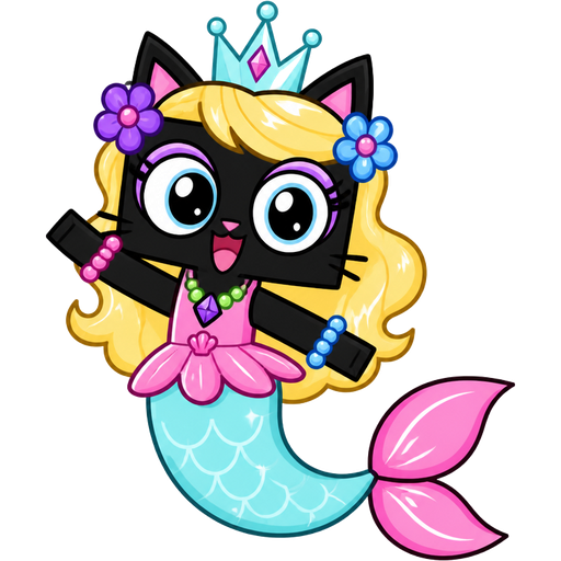 black cat with light yellow hair purple and blue flowers light cyan crown purple and green necklace pink and blue bracelets pink dress attached to long light cyan mermaid tail with white highlights with pink tail fins with white highlights (cartoon network unikitty!)