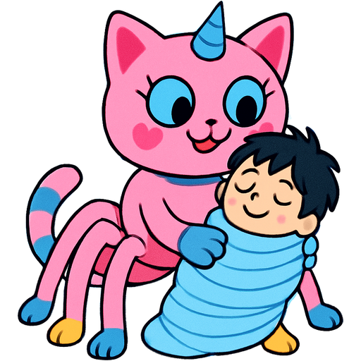 giant pink cat spider hybrid with blue horn green neck blue eyes with eyelashes heart shaped cheeks white wrists blue hands white ankles yellow feet blue and white tail happy hugging #B8FFFF slikworm cocooned pod black haired boy happy covered with #B8FFFF huge coating of #B8FFFF slik and huge #B8FFFF slik wrappings and huge #B8FFFF webbing wrappings #B8FFFF