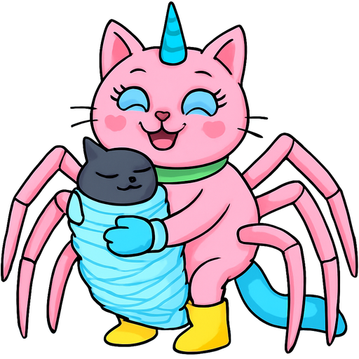 giant pink cat spider hybrid with blue unicorn horn green collar blue eyes with eyelashes heart shaped cheeks white wrists blue gloves white ankles yellow boots blue tail and with white stripe pink spider legs happy hugging #B8FFFF cocoon slikworm cocooned pod black cat happy covered with #B8FFFF huge coating of #B8FFFF spider slik and huge #B8FFFF spider slik wrappings and huge #B8FFFF spider slik webbing wrappings cocoon #B8FFFF