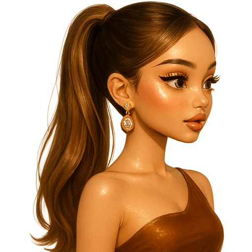 luxury glossy bratz-anime romantic aesthetic, warm cinematic glow, crisp clean detail, glossy glam skin. petite girl, warm soft-autumn tone, fair skin, honey-brown almond eyes, soft freckles, warm toasty glam makeup, glossy nude lips, flutter lashes, sweet Belle-princess vibe, long brunette honey balayage hair with visible light honey blonde highlights, fitted deep-honey one-shoulder dress, strappy nude heels; sleek ponytail; dewy base, glossy amber lips; statement earrings; side profile pose, pop-princess energy, shimmer highlight, sparkly glow