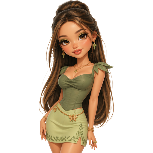 semi-realistic soft cartoon luxury glam, mini plush Bratz-doll aesthetic, cinematic glow, crisp clean detail, glossy glam skin. brown eyed Petite 5ft girl, fair skin with soft freckles, wide face with tall forehead, honey-brown almond wide-set upturned eyes, fluttery lashes, shimmer highlight, plush lips, bottom heavy lip, sweet Belle-princess vibe, long straight brunette hair with visible caramel highlights, wearing a fresh sage fitted top with soft draping and subtle corset seaming, a pale lime-green mini skirt with leafy embroidered trim and a sleek shape, gold jewelry, soft green ears, a leafy collar-inspired shoulder detail, hair in glossy waves with a polished half-up style, makeup with olive-gold shimmer, warm peach blush, and a glossy nude-pink lip, posing with pretty earthy energy and a soft bright smile