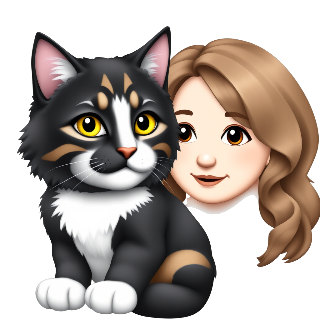 Draw me and my cat, she is multi-colored, black and white, and she has stripes of this color only, one of her colors is black and the other is brown, and her hair is fluffy, and I am a girl with wavy, brown hair and a wheatish complexion