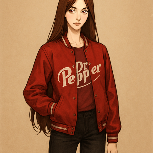 Dr Pepper brown hair skinny has long brown hair a Dr Pepper show in black pants with a Dr Pepper jacket