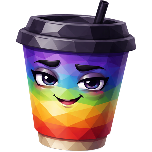A dark rainbow coloured masculine and male take-away coffee cup. It has a face and is smiling sexily at the camera