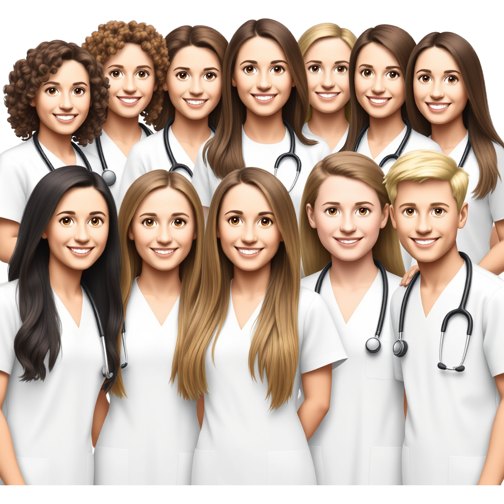 9 medic students (6 girls(1 brown curly medium hair, 1 light brown short hair, 1 dark brown long, 2 light brown long, 1 blonde medium), 3 boys ( 1 dark hair, 2 light light )) smile, in white, with stethoscope, beautiful, only 6 girls, only 3 boys