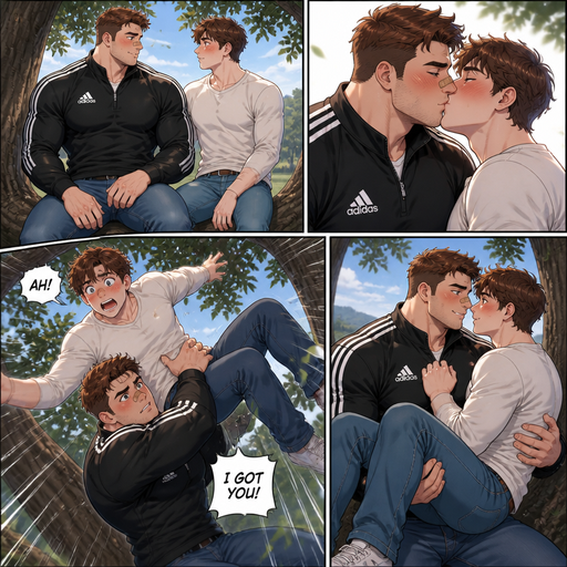 A Real life Full Body anime comic book view of a Chunky but Muscular and more Muscle than Fat ANIME Cute Bara Man Who looks Normal and American with a round facial Structure and Basic facial structure With Puffy and Big Pecs that are visible through the shirt and Biceps and Bandaid on his nose. Wearing an Adidas Soccer Quarter Zip and Jeans. Both Siting on tree with his Crush blushing Both blushing and then kiss. They fall but he catches him heroically
