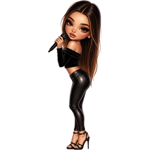 semi-realistic soft cartoon luxury glam, mini plush Bratz-doll aesthetic, cinematic glow, crisp clean detail, glossy glam skin. brown eyed Petite 5ft girl, fair skin with soft freckles, wide face with tall forehead, honey-brown almond wide-set upturned eyes, fluttery lashes, shimmer highlight, plush lips, bottom heavy lip, sweet Belle-princess vibe, long straight brunette hair with visible caramel highlights, wearing a black velvet off-shoulder crop top with fitted leather pants and strappy heels, holding a mic and arching slightly in a dramatic baddie stage pose