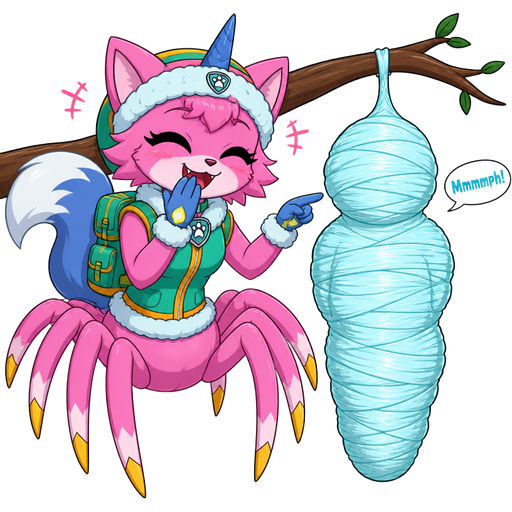 happy anthro girl pink cat drider with blue and white tail white wrists blue hands white ankles yellow tips on spider legs green collar blue unicorn horn wearing everest's hat clothing with backpack *giggles* I cocooned you in a cozy and snugly cocoon next to wrapped up and mummified fully covered in a #B8FFFF spider slik cocoon shaped like boy arms behind back with #B8FFFF spider slik wrappings completely covered with thick layers non-transparent #B8FFFF spider slik wrappings Mmmmph! hanged to the branch