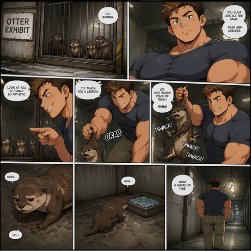 A DETAILED AND LIFELIKE ANIME Comic Book story view of a Bulky but Muscular ANIME Cute Bara Man With Peach toned skin Who looks Normal aind round facial Structure and Basic facial structure With Puffy and Big Pecs that are visible through the shirt and Biceps and Bandaid on his nose and Brown short hair that makes them look tough. Wearing normal A Few otters in a cage that look like otter. and then pick one otter. and excessively bullies it and he walks away and the otter limp to its bed