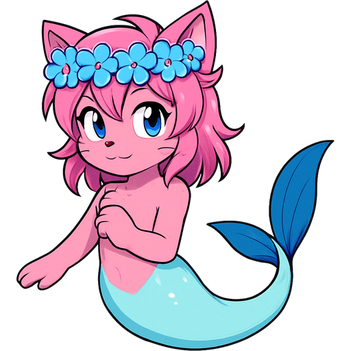 Male pink anthro cat with pink hair blue flower crown with long cyan and white mermaid tail with blue fins sonic x style artistic creation, beautiful art