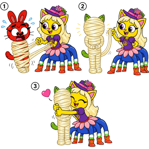1 red boy rabbit cat hybrid furry getting quickly wrapped up and webbed by furry yellow cat anthro with purple eyes light blonde hair purple and pink florist hat and purple florist outfit a drider's blue lower body wearing green and white socks and red orange boots with buckles light pink skirt peace sign necklace hybrid with its own light blonde hair webbing 2 light blonde hair mummy shaped like green boy cat furry with arms behind back and legs together completely covered with light blonde hair mummy 3 then furry yellow cat anthro with purple eyes light blonde hair purple and pink florist hat and purple florist outfit a drider's blue lower body wearing green and white socks and red orange boots with buckles light pink skirt peace sign necklace hybrid hugs the light blonde hair mummy shaped like green boy cat furry with arms behind back and legs together completely covered with light blonde hair mummy cartoon network unikitty comic version