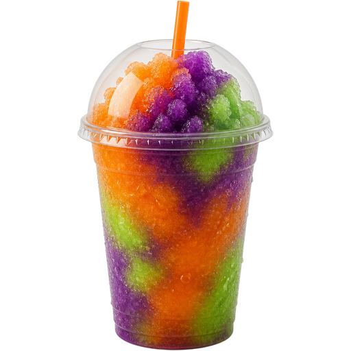 Halloween Shaved Ice Slushie in a Plastic Cup and Plastic Dome Lid with a Straw Mixed in with Extra Syrup and it’s Orange, Purple and Green
