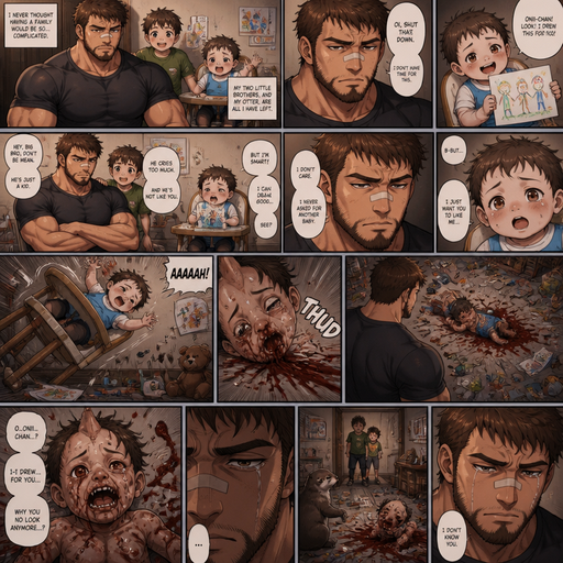 A DETAILED AND LIFELIKE LONG Anime Comic Book story view of a Bulky but Muscular ANIME Cute Bara Man With Peach toned skin Who looks Normal aind round facial Structure and Basic facial structure With Puffy and Big Pecs that are visible through the shirt and Biceps and Bandaid on his nose and Brown short hair that makes them look tough and A Bear on his Chin and Jaw. Wearing normal With his pet Grown and healthy realistic otter and 2 little brothers that are in different ages but young. and the baby‘s Hadicaped and he(the guy) did not like the baby and the baby tries to reason with him by saying he‘s smart and can draw but still on the toddler level and one day the baby flew out of his chair And A lot red comes from his nose and stains his shirt and is all on the ground and it cried and the baby does know know who he is anymore he’s changed and he doesn‘t care and the baby is now facialy deformed