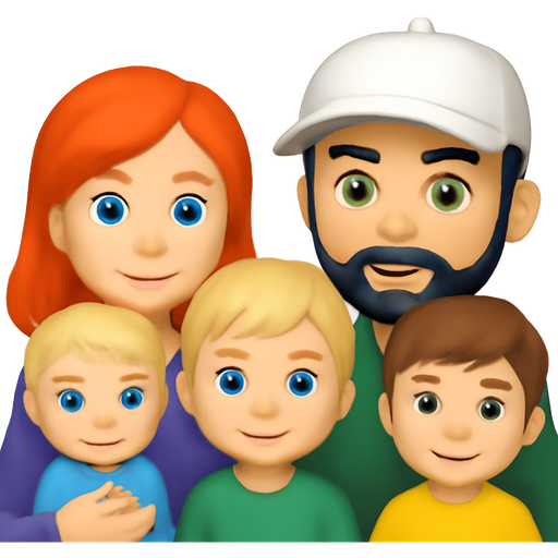 A redheaded blue eyed young woman, holding a blonde blue eyed baby, with one blond young boy, one brown haired slightly bigger young boys, and a man with a golf hat, green eyes, and a black beard.