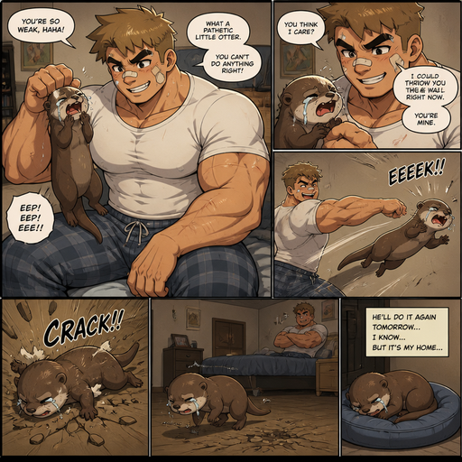 Comic book story about of a Bulky and Beefy and every Muscle is bigger than average and less shredded or muscular with Chunky and Bulky chest and Biceps and his defined abs ANIME Cute Bara Man American 20 year old with a ROUND and BASIC facial structure and Young Adult BARA CUTE that is Peach Toned skin not anything else MALE not to detailed With bigger than average Pecs that are visible through the shirt and Biceps and a big Bandaid on his nose and Left Cheek and Right Eye brow with Scars all over his Chest and arms. Wearing a no piercings Wearing a baggy White Shirt that is tight around the waist with and Pajama pants and drenched in sweat and Short and yellowish Brown Hair and Bright Light Brown fluffy Hair and Strait with brown eyes and black eyebrows with a Three finger Slash on his Eyebrow. With no Facial Hair. Sitting down on his bed with his Pet Otter, at his house and excessively Bullies it. And the otter cries and Lays there, and the otter Flys to the Floor and cracks it. and the otter a limps off to his doggy bed, knowing it will happen tomorrow.