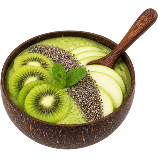 Detox Smoothie Bowl in a Coconut Shell-Style Bowl With a Wooden Spoon with Kiwi Slices, Green Apple Slices, Chia Seeds and a Mint Leaf on Top
