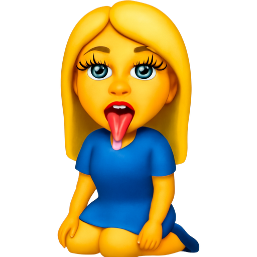 White woman, blonde hair, blue eyes, long thick lashes, kneeling, full lips with red lipstick, mouth open, and tongue out drooling, wearing blue dress