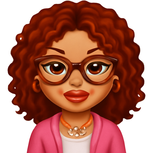 A girl with brownish copper curly hair and brown eyes with brown glasses wearing a pink cardigan, white top, and charm necklace in the style of bratz characters