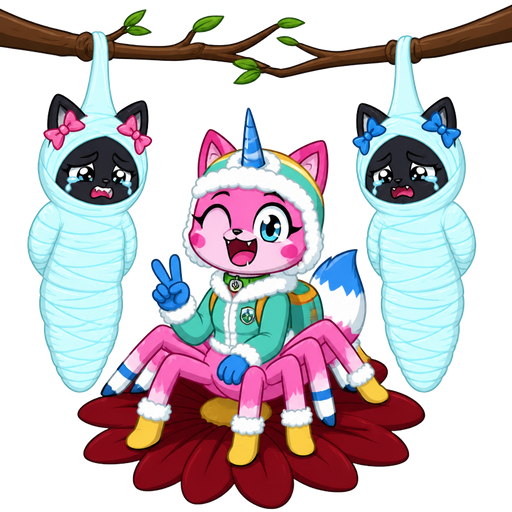 ( happy tree friends) wrapped up and mummified fully covered in a #B8FFFF spider slik cocoon shaped like anthro black cat female anthro two pink hair bows whimpering teary eyes with arms behind back with #B8FFFF spider slik wrappings completely covered with thick layers non-transparent #B8FFFF spider slik wrappings hanged to the branch on the left side next to wrapped up and mummified fully covered in a #B8FFFF spider slik cocoon shaped like anthro black cat female anthro with 2 blue hair bows whimpering teary eyes arms behind back with #B8FFFF spider slik wrappings completely covered with thick layers non-transparent #B8FFFF spider slik wrappings hanged to the branch on the the right side next to happy pink cat anthro furry boy drider with blue and white tail white wrists blue hands white ankles yellow socks green collar blue unicorn horn based on unikitty wearing everest's hat and everest's clothing with everest's backpack doing victory sign sitting on a dark red flower