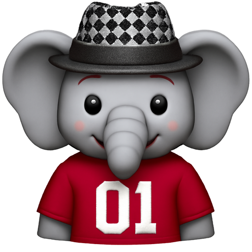 Elephant cute wearing a black and white houndstooth fedora and a crimson colored football jersey with white number 01 on front of jersey