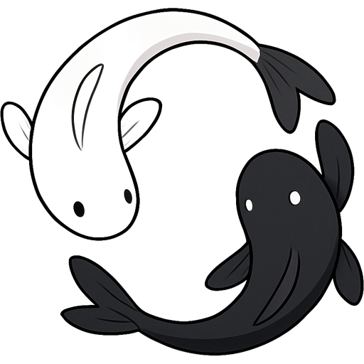 Create a minimalist emoji-style illustration of two koi fish, one white and one black, swimming in a yin-yang formation. Clean lines, soft curves, simple shapes, balanced symmetry, and a calm, elegant aesthetic. Transparent or light background.