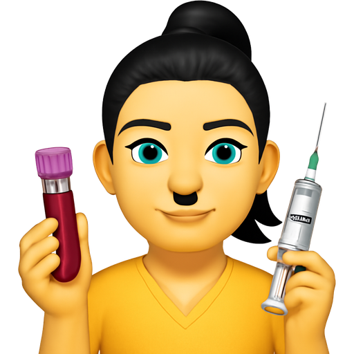 Phlebotomist holding a purple top vial of blood and a syringe, septum ring, black hair, top ponytail, white skin, arched eyebrows, light blue eyes