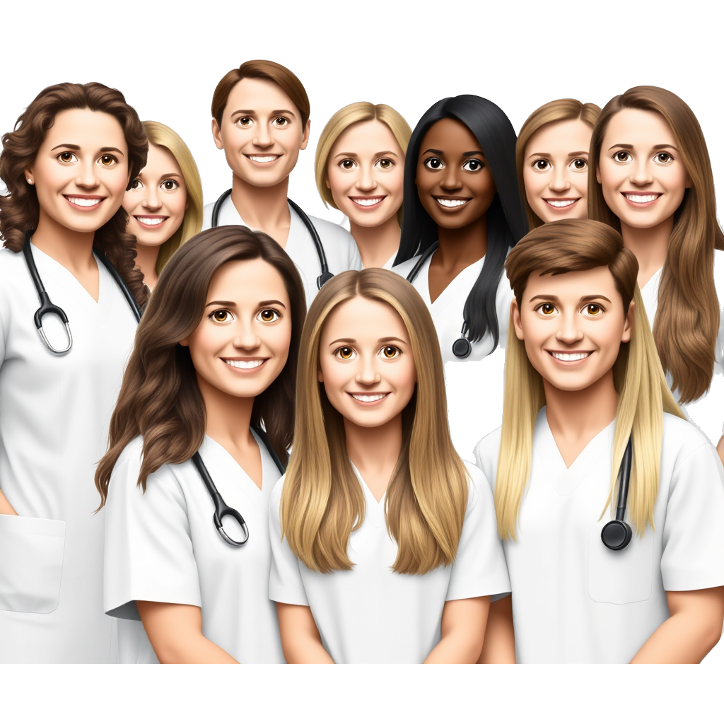 9 medic students (6 girls(1 brown curly medium hair, 1 light brown short hair, 1 dark brown long, 2 light brown long, 1 blonde medium), 3 boys ( 1 dark hair, 2 light light )) smile, in white, with stethoscope