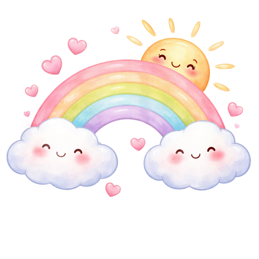Es soll ein Regenbogen sein, der aus Pastellfarben besteht, mit einer kleinen Sonne dahinter und kleinen Wölkchen, die alle grinsen und Herzchen verschicken