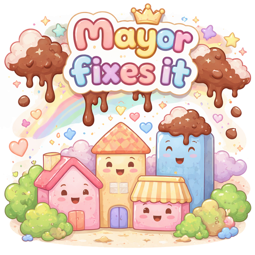 Draw any shapes for buildingIs (squares / triangles) • Scribble sprinkles floating 🌈 • Emoji or word: “Mayor fixes it” 👑 • Optional silly twist: “Chocolate floods sky” ⚡