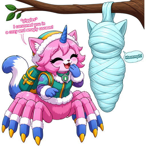 happy anthro girl pink cat drider with blue and white tail white wrists blue hands white ankles yellow tips on spider legs green collar blue unicorn horn wearing everest's hat clothing with backpack *giggles* I cocooned you in a cozy and snugly cocoon next to wrapped up and mummified fully covered in a #B8FFFF spider slik cocoon shaped like furry cat boy kid anthro arms behind back with #B8FFFF spider slik wrappings completely covered with thick layers non-transparent #B8FFFF spider slik wrappings Mmmmph! hanged to the branch