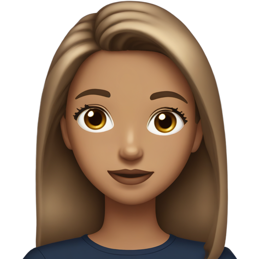 Light-tan colored girl, medium length brown hair with light highlights, brown eyes, long eyelashes, and a navy blue shirt, pinkish brown lips, and a nice body