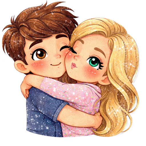 Create please an emoji where will be the man with brown hair and eyes with his girlfriend. She has blond hair and blue-green eyes. They are hugging each other and kissing