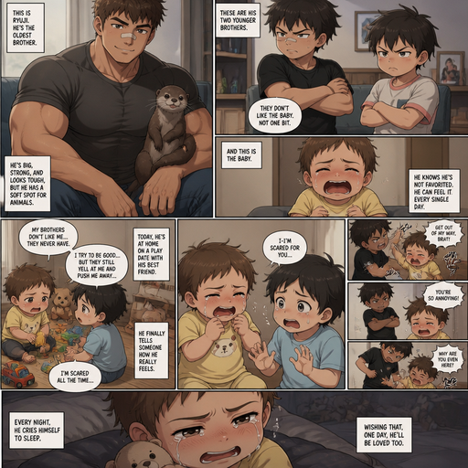 A DETAILED AND LIFELIKEshow everything Long and detailed anime Comic Book story view of a Bulky but Muscular ANIME Cute Bara Man With Peach toned skin Who looks Normal aind round facial Structure and Basic facial structure With Puffy and Big Pecs that are visible through the shirt and Biceps and Bandaid on his nose and Brown short hair that makes them look tough. Wearing normal With his pet Grown and healthy realistic otter and 2 little brothers that despises the baby and the baby knows and baby that are in different ages but young. At the house, the baby is with his best friend baby on a play date and the baby tells the baby‘s best friend that he isn’t favored by the brothers and the baby‘s best friend is scared and the brother‘s hate the baby. And the baby lives in fear every day. And cries.