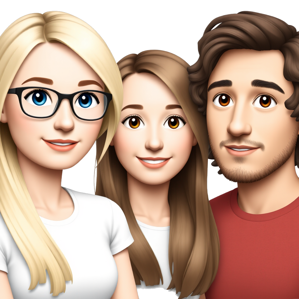 1 white girl with blonde hair with blue eyes and glasses, 1 white girl with long brown curly hair and brown eyes, with 1 young white guy with short dark brown hair and facial hair and blue eyes