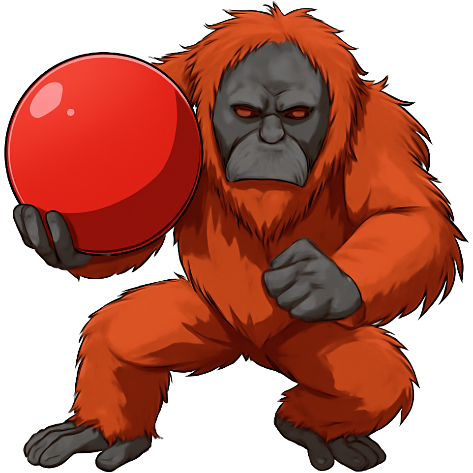 A big adult male orangutan with fiery red fur holding a big bouncy ball in a cool striking battle pose. Make the face intense and more realistic with a small red beard around his big snout