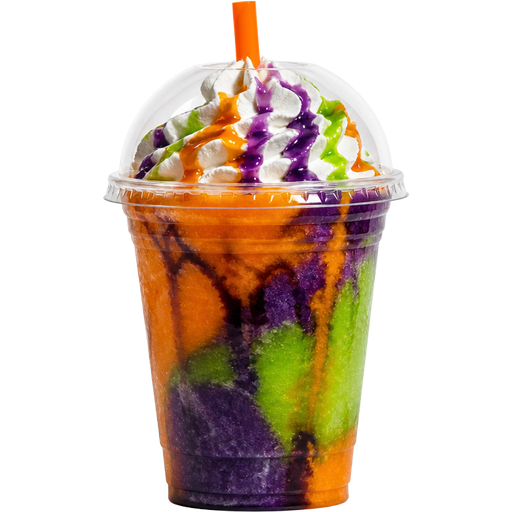Halloween Shaved with Whipped Cream Ice Slushie in a Plastic Cup and Plastic Dome Lid with a Straw Mixed in with Extra Syrup and it’s Orange, Dark Purple and Green