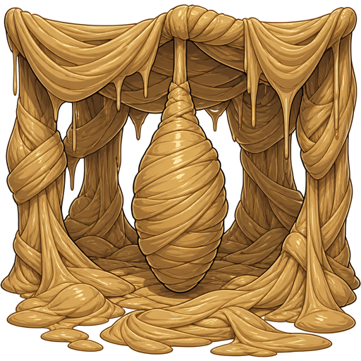 slikworm cocoon covered with thick layers non-transparent slik wrappings and huge slik wrappings hanging on wall and floor and ceiling covered with thick layers non-transparent slik wrappings and huge slik wrappings