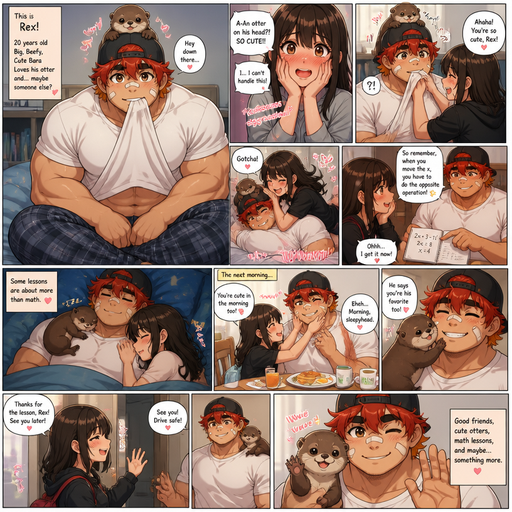 A Full page Anime Comic book story about of a masculine and Bulky ANIME Cute Bara Man American 20 year old with a ROUND and BASIC facial structure and TENAGE BARA CUTE MALE not to detailed With bigger than average Chunky Beefcake Pecs that are visible through the shirt and Chunky Beefycake Biceps and a big Bandaid on his nose and Left Cheek and Right Eye brow. Wearing a no piercings Baggy White shirt and pajamas pants and Red Hair and Bright Orange Hair Tips and Strait with brown eyes and black eyebrows and baseball hat and a Very slim Waist. Sitting down looking up And Balances a Cute Young Otter on his head and holding the bottom of his shirt in his mouth and making his crush blush Cause his Otter is so cute hat had cuteness aggression so she Lifts his shirt against him cause his pet Otter plays with him and is cute. She laughs and she takes him down while they play fight. And she kisses him on the Cheek. And he teaches her some Math and they snuggle. And they wake up the next and go eat breakfast and she pinches his cheeks and says that he’s cute in the morning too. And the Otter comes and snuggles him. And the otter wave by with him when his crush goes home