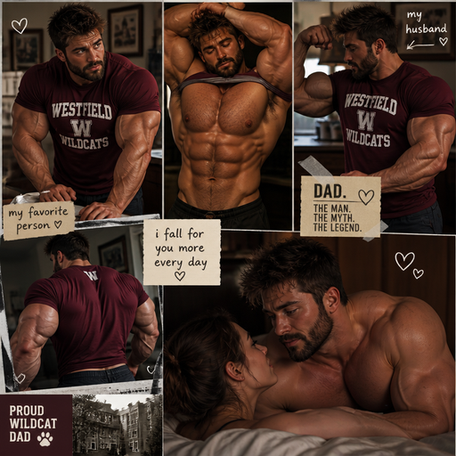 A muscular Dad with brown hair and Brown Eyes with a Beard and Spikey hair with Chunky Arms and Pecs with a Defined Stocky Body and And Grotesque Physique with pecs that are huge and Beefy and a Tiny Waist. Wearing A School Spirit Shirt. Leaning on a Table while Flexing his Triceps, looks Gigantic in his shirt and takes it off and waking next your husband looking his dreamy eyes into your eyes