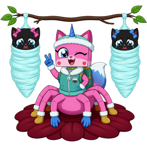wrapped up and mummified fully covered in a #B8FFFF spider slik cocoon shaped like anthro black cat female anthro two pink hair bows whimpering teary eyes with arms behind back with #B8FFFF spider slik wrappings completely covered with thick layers non-transparent #B8FFFF spider slik wrappings hanged to the branch on the left side next to wrapped up and mummified fully covered in a #B8FFFF spider slik cocoon shaped like anthro black cat girl female anthro with 2 blue hair bows whimpering teary eyes arms behind back with #B8FFFF spider slik wrappings completely covered with thick layers non-transparent #B8FFFF spider slik wrappings hanged to the branch on the the right side next to happy pink cat anthro furry boy drider with blue and white tail white wrists blue hands white ankles yellow socks green collar blue unicorn horn based on unikitty wearing everest's hat and everest's clothing with everest's backpack doing victory sign sitting on a dark red flower