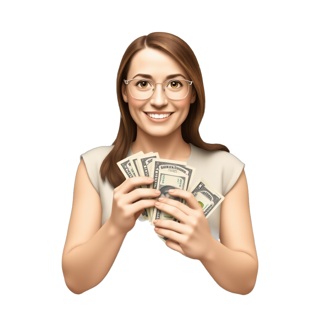 a brown haired woman wearing clear glasses standing in a white washing machine holding dollar bills